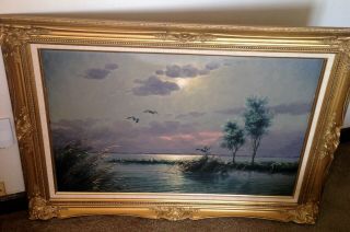 Vintage Large Oil On Canvas Painting With Victorian Frame By Gien Brouwer