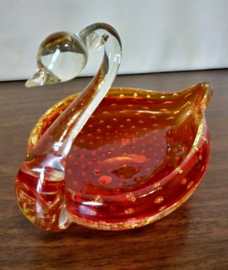 Vtg Murano Hand Blown Orange Art Glass Swan Bullicante Bubbles Candy Dish Bowl