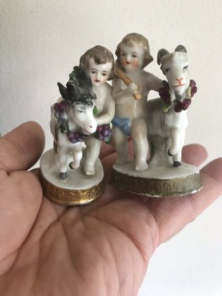Antique 19th C 2 German Sitzendorf Porcelain Figures Cherubs & Goats Flower Horn 2