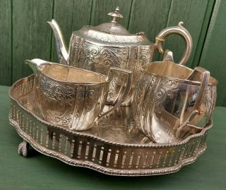 Antique Ornate Silver Plated Bachelor Tea Set On Vintage Tray