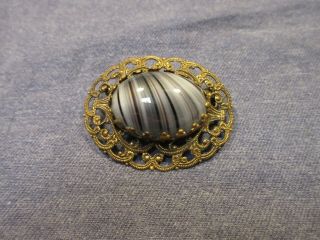 Vintage Pin/brooch - Brass Tone W/ Gray/black Striped Stone - Western Germany