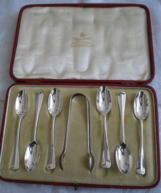 Mappin & Webb Silver Hallmarked 1904 Boxed Set Of 6 Teaspoons With Sugar Tongs