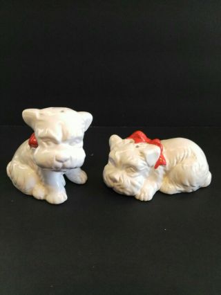 Vintage White Shih Tzu Dog Salt And Pepper Shaker Set Red Bows Omnibus Japan