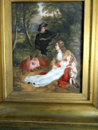 Antique Late 19thc German Hand Painted Porcelain Plaque - Hunter And Cow