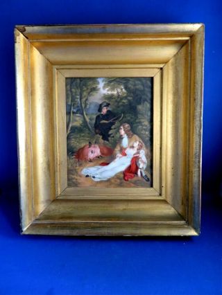 ANTIQUE LATE 19THC GERMAN HAND PAINTED PORCELAIN PLAQUE - HUNTER AND COW 2