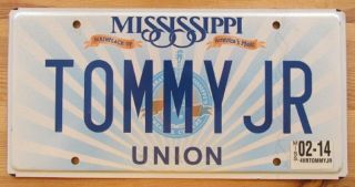 Mississippi 2014 Vanity License Plate Tommy Jr