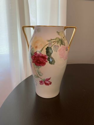 Antique 1920 T&v Limoges France Hand Painted Vase With Roses Artist Signed
