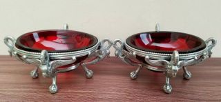 Victorian Silver Plated Novelty Swan Design Salts With Ruby Glass Liners