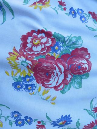 Vtg Floral Tablecloth Open Red Rose Bouquets Blue Asters Printed Cotton 64x54