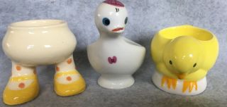 3 Vintage Egg Cup Holders Polka Dot Legs,  Chick,  Duck