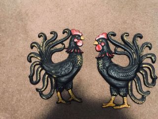 Vintage Cast Iron Roosters Two Wall Hanging Trivets Painted Americana Farmhouse