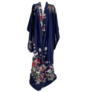 Vintage Japanese Furisode Kimono Robe Duster Floral Navy Blue With 2 Belts Obi 