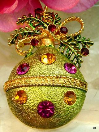 Vtg Fuchsia Amber Fruit Salad Rhinestone Enamel Christmas Ornament Pin Brooch