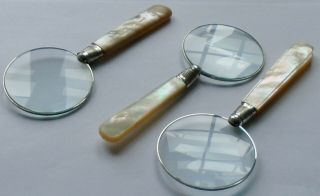 3 x John Sanderson HM Silver Band MOP Handle Magnifying Glasses Sheffield 1908 2