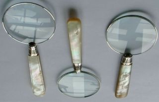 3 x John Sanderson HM Silver Band MOP Handle Magnifying Glasses Sheffield 1908 3