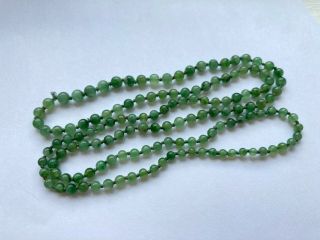 Antique Art Deco Long Graduated Green Jade Bead Necklace - Knotted Gemstones