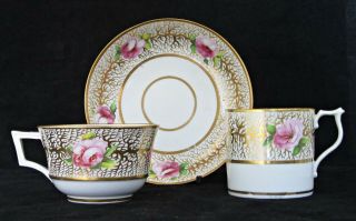 Antique Royal Crown Derby Porcelain Tea & Coffee Trio French Handle C1805,  Roses