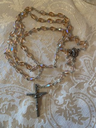 Vintage Rosary.  Pink Ab Glass Beads.  Marked Italy