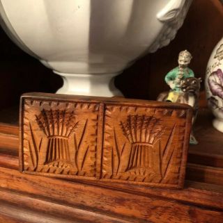 Antique Hand Carved Double Butter Mold Print Primitive Sheaf Wheat