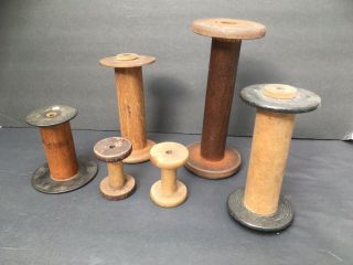 7 Assorted Vintage Wooden Industrial Textile Spools/bobbins 3 " - 9 " H Primitive