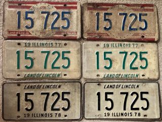 Illinois License Plate Pair 3 Pack - 15 725 - 1976 1977 1978 Land Of Lincoln