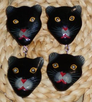 Vintage Black Jungle Cat Panther Jaguar Dangle Earrings Handpainted Lacquer Wood