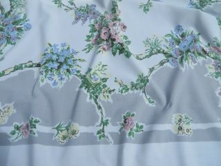 Vtg Tablecloth Pink Blue Flowers On Gray Bird 