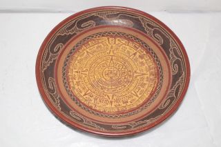 Vintage Mexican Tonala Pottery Mayan Aztec Calendar 10.  25 " Bowl Or Deep Plate