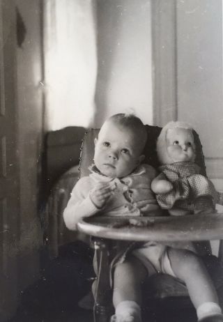 1940’s Vintage Baby Diane In Kitchen High Chair Doll Photo Elida Ohio