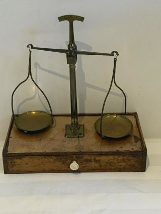 Antique Victorian Walnut & Brass Apothecary Chemist Scales & Weights
