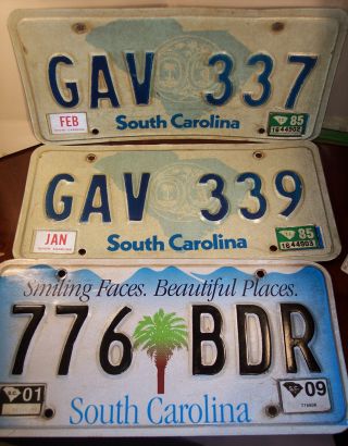 3 South Carolina License Plate1985 1985 2009 Palmetto Tree Smiling Faces.  Sc Seal