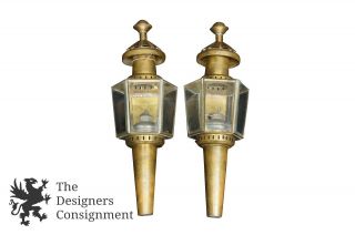2 Brass Kerosene Oil Carriage Lantern Sconces Beveled Glass Antique Lanterns 15 "