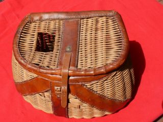 Vintage Large Sized Leather,  Wicker Trout Fishing Creel Patina,  Vgc