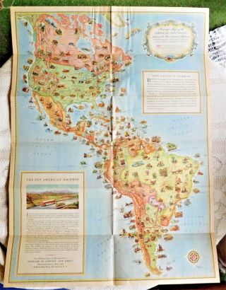 Vintage 1930 Pictorial Map Of The Americas Featuring The Pan America Highway