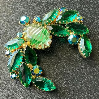 D&e Juliana Vintage Emerald Green Givre Glass Flower Ab Rhinestone Brooch Pin 18