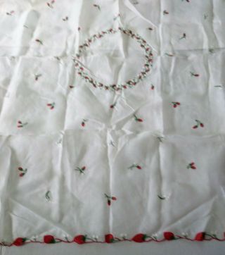 Vtg Embroidered White Sheer Tablecloth 40 " X 40 " Red Strawberries White Flowers