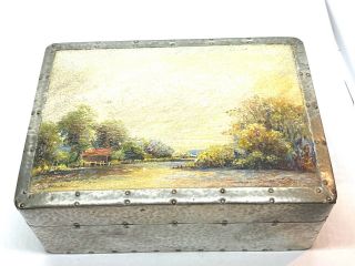 Antique Arts & Crafts Hammered Pewter Covered Wooden Box With Oil Painted Scene