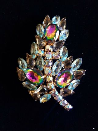 Vintage Extra Large Rainbow And Blue Rhinestone Austrian Crystal Pin Brooch
