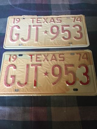 Pair 1974 Texas License Plates Passenger Old Wax Paper Gjt 953 Wow