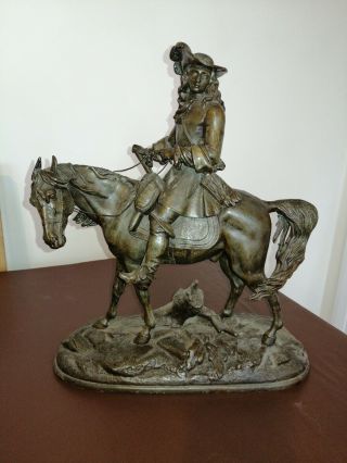A Large Antique French Bronzed Spelter Cavalier On Horseback.