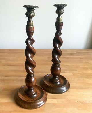 Tall Antique Arts & Crafts Barley Twist Oak Wood & Brass Candlesticks