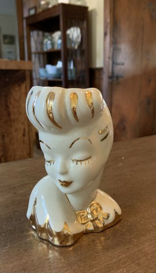 Vintage 1950’s Glamour Girl Head Vase White With Gold Accents 6 1/2” Tall