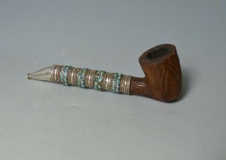 Antique Central Asian Silver Turquoise Decorated Carved Wood Pipe