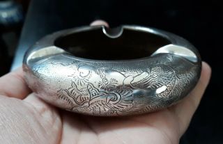 Antique Chinese Sterling Silver Ashtray With Engraved Dragon 8cm.  75.  3g