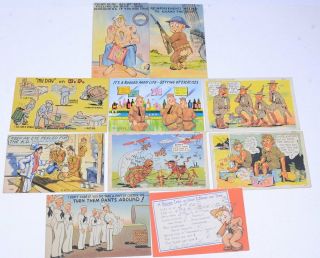 10 Vintage 1942 Humorous Military Post Cards: Navy Army Sailors Soldiers Cartoon