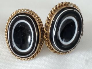 Antique Victorian Gold Filled Banded Agate Style Glass Oval Stud Earrings