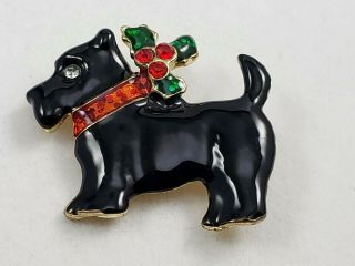 Vintage Scottie Dog Christmas Brooch Pin Black Enamel Holly Red Rhinestones Gold