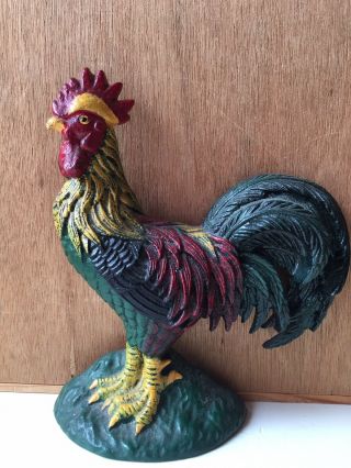 Vintage Country Cast Iron Rooster 9 " Tall Door Stop Colorful Red Green Yellow