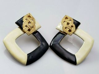 Vintage Don Lin Earrings Black White Enamel Braid Design Gold Tone Triangle