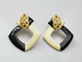 Vintage Don Lin Earrings Black White Enamel Braid Design Gold Tone Triangle 2